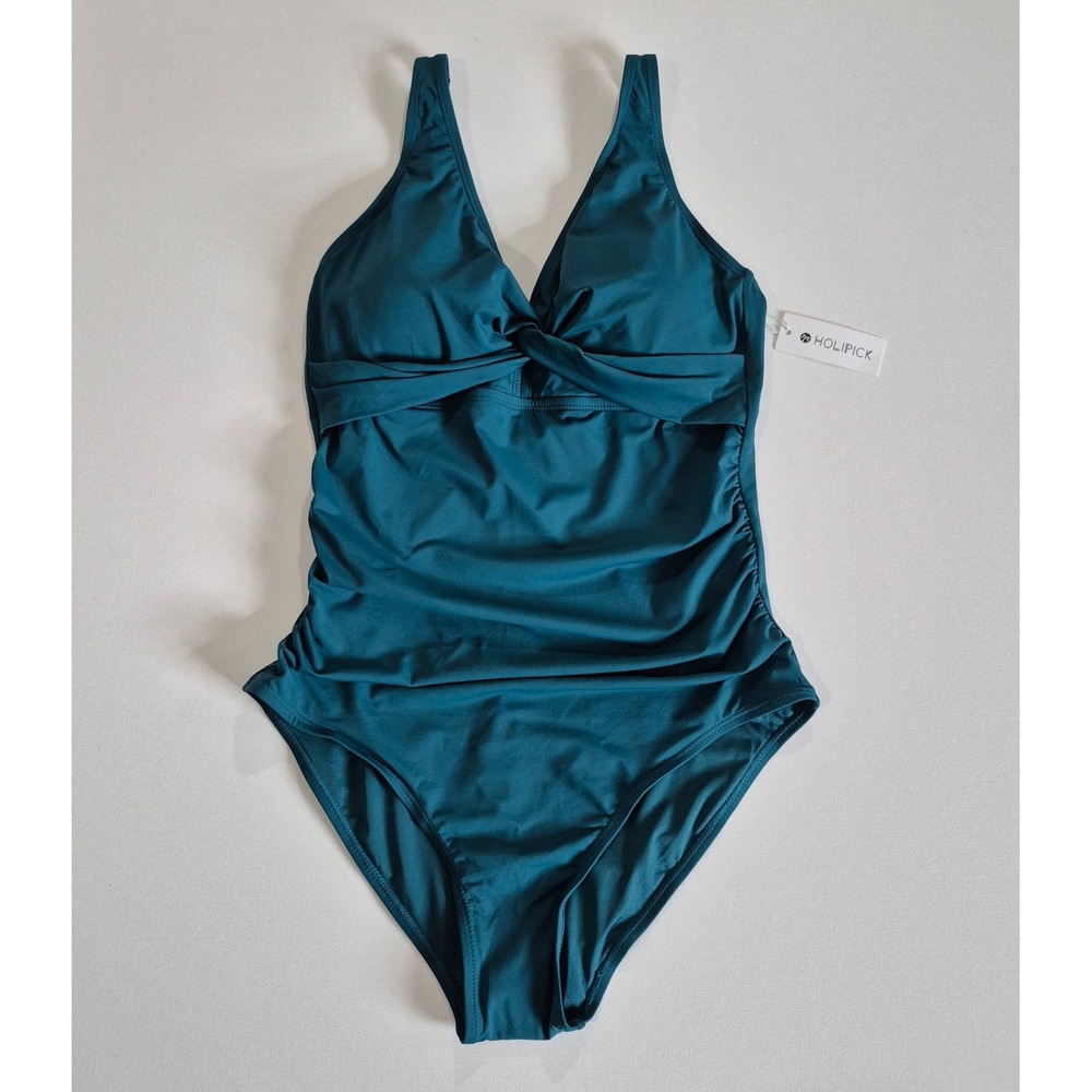 Holipick Womens Teal Blue Twist Front Ruched Tummy Control One Piece Swimsuit XL